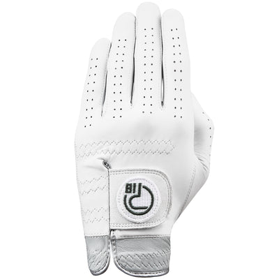 Pure white premium cabretta leather golf glove with silver grey cuff and black Pro18 Sports logo