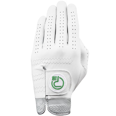 Pure white premium cabretta leather golf glove with silver grey cuff and bermuda green Pro18 Sports logo