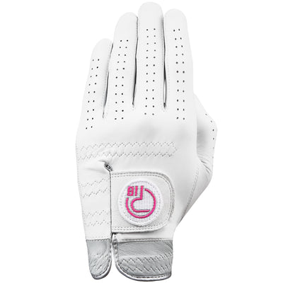 Pure white premium cabretta leather golf glove with silver grey cuff and pink Pro18 Sports logo