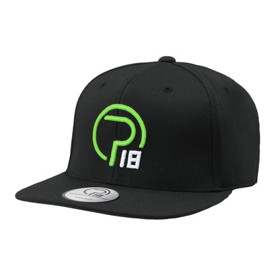 Pro18 Sports flexfit black flat peak performance hat with lime green logo