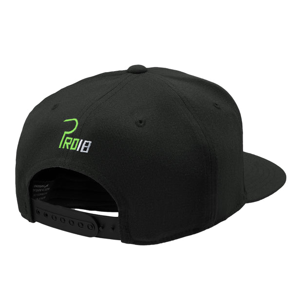 Pro18 Sports flexfit black flat peak performance hat with lime green logo
