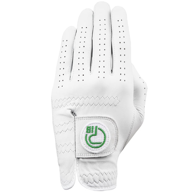 Pure white premium cabretta leather golf glove with bermuda green Pro18 Sports logo