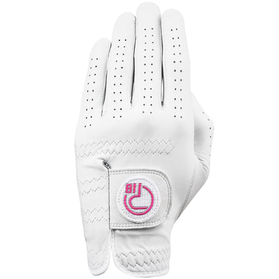 Pure white premium cabretta leather golf glove with pink Pro18 Sports logo