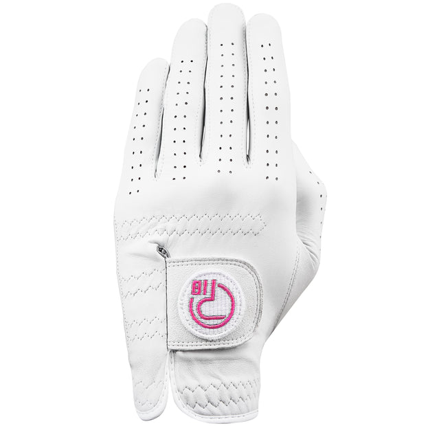 Pure white premium cabretta leather golf glove with pink Pro18 Sports logo